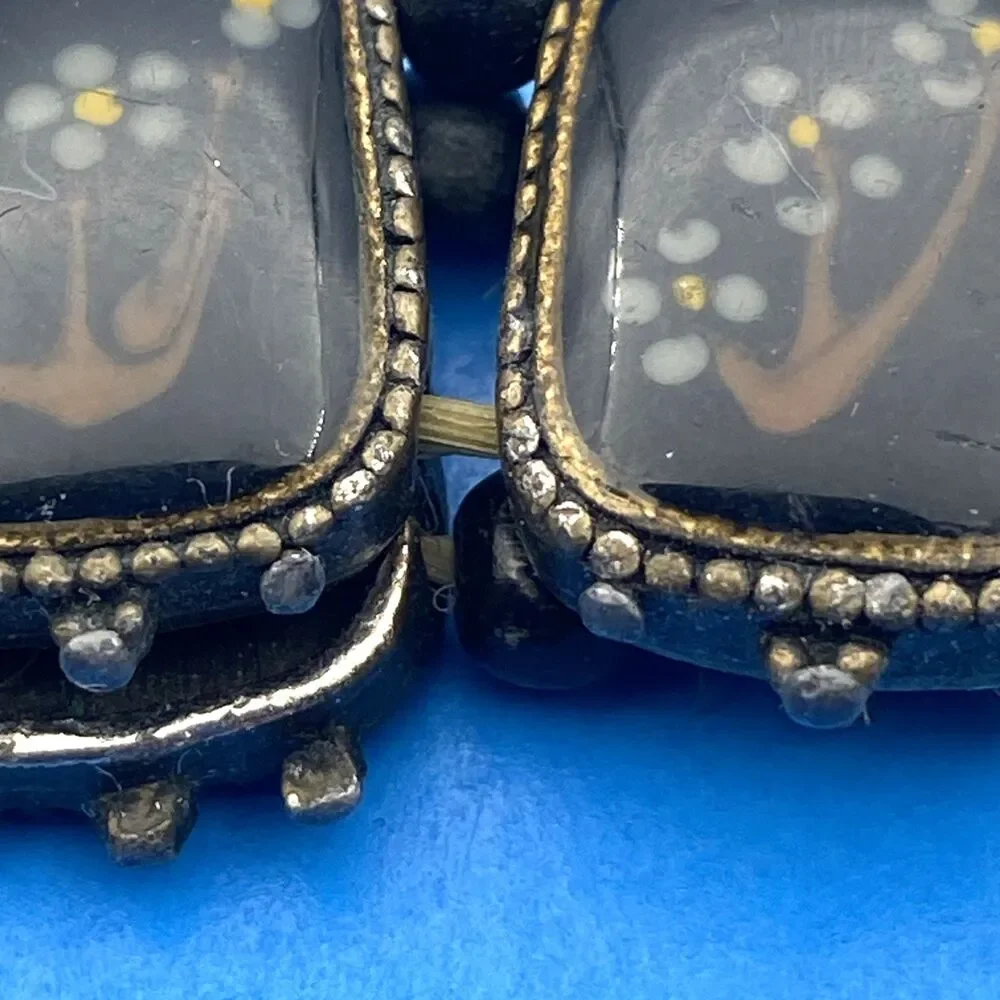 Art Deco Czech Style Black Glass Floral 10 Panel Stretch Bracelet Vintage